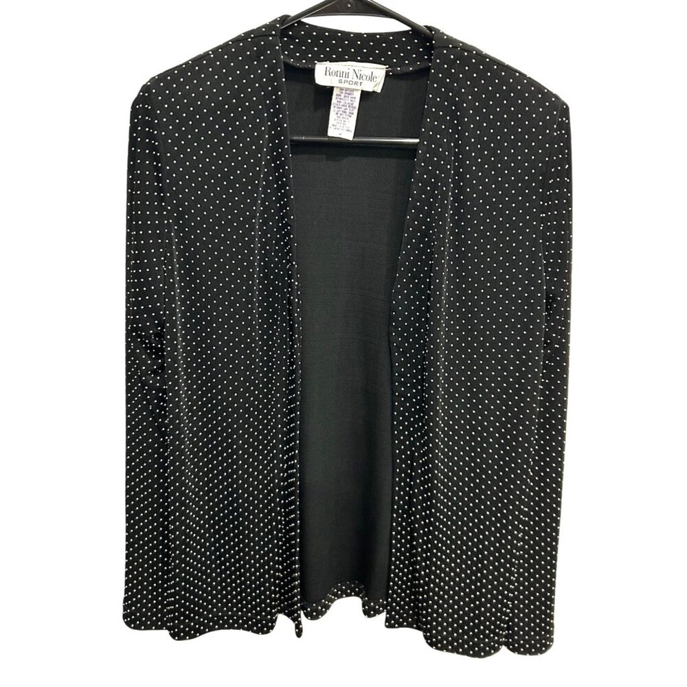 Vintage Ronni Nicole Sport Black White Polka Dot Open Front Cardigan SZ Medium